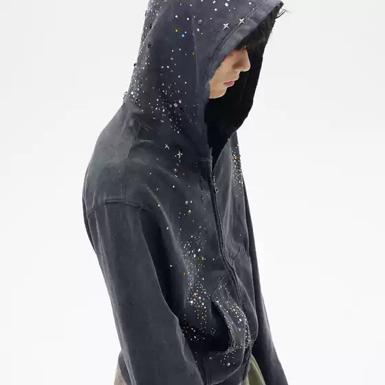Retro Design Baby's Breath Hot Diamond Washed Distressed Zipper Hooded Autumn and Winter Sweatshirt Jacket for Men and Women Trendy