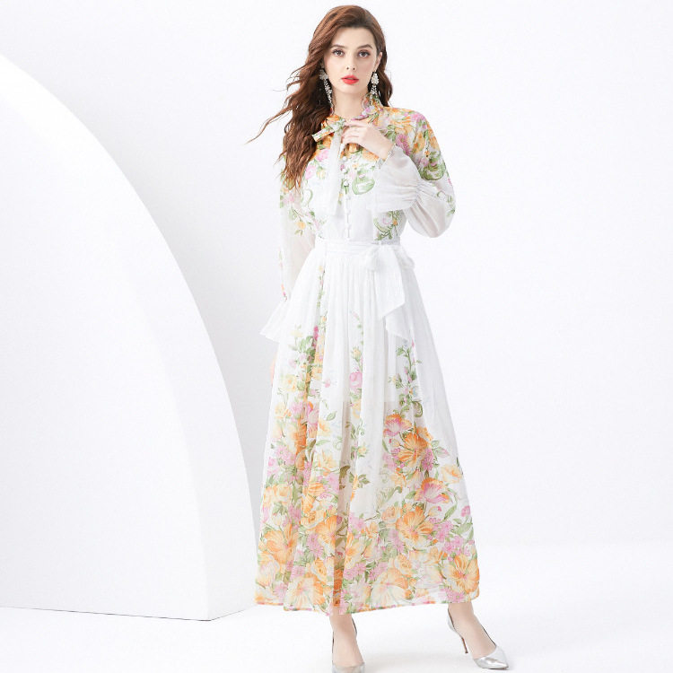 Womens Vacation Set Long Sleeve Printed Chiffon Top High Waist Maxi Skirt Stylish and Youthful Wholesale Available
