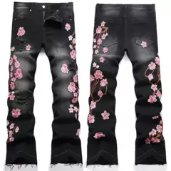 Cross-Border New Spot Men's Bootcut Jeans European and American Street Fashion Men's Heavy Industry Embroidered Plum Blossom Non-Elastic Jeans