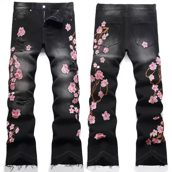 Cross-Border New Spot Men's Bootcut Jeans European and American Street Fashion Men's Heavy Industry Embroidered Plum Blossom Non-Elastic Jeans