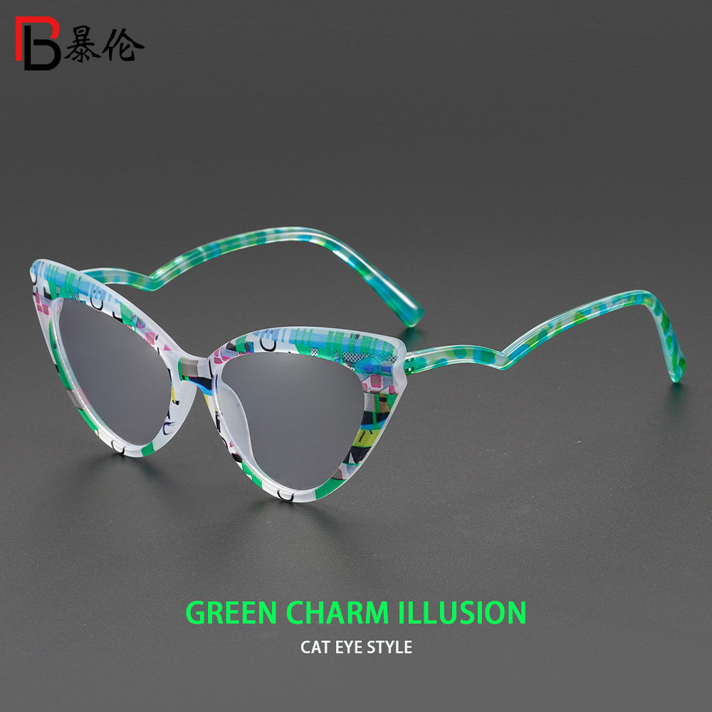 Cross-Border Colorful Frame Floral Acetate Cat-Eye Plain Glasses Frame European and American Trendy Color-Blocking Anti-Blue Light Non-Prescription Glasses 916