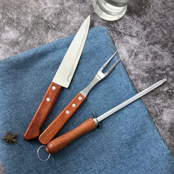 Foreign Trade Products Barbecue Tools Three-Piece Set Stainless Steel Kitchen Knife Single-Sided Suction Double-Sided Suction Wooden Handle Barbecue Fork Sharpening Stick