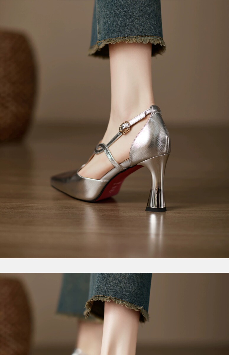Sandal nữ mũi nhọn quai mảnh gót thô phong cách cổ điển — Màu bạc, Màu súng