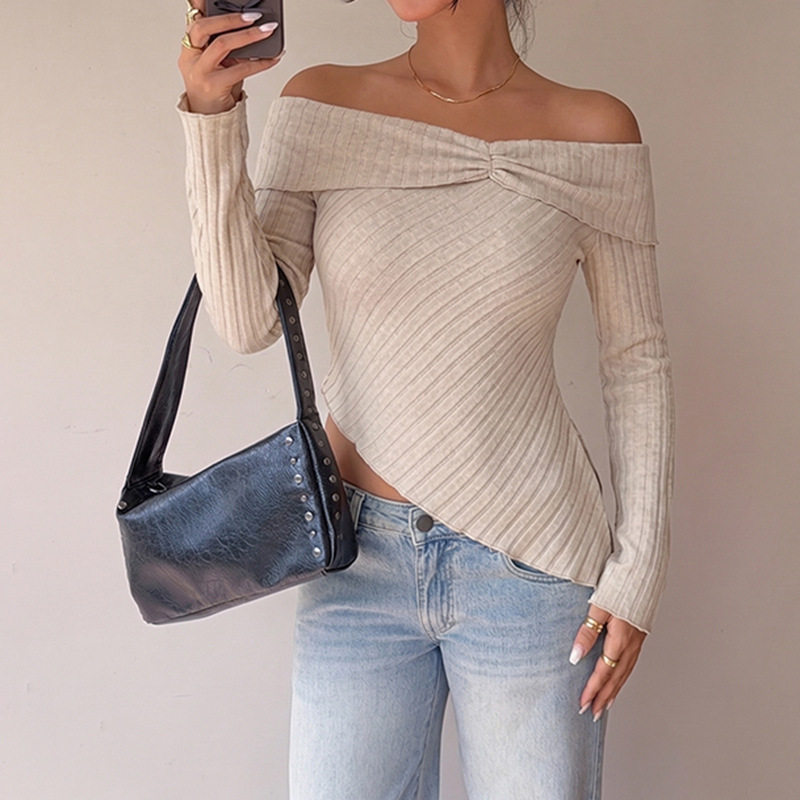 Off Shoulder Top Sweet and Elegant Style Solid Color Ribbed Texture Lightweight Fabric Wholesale Available