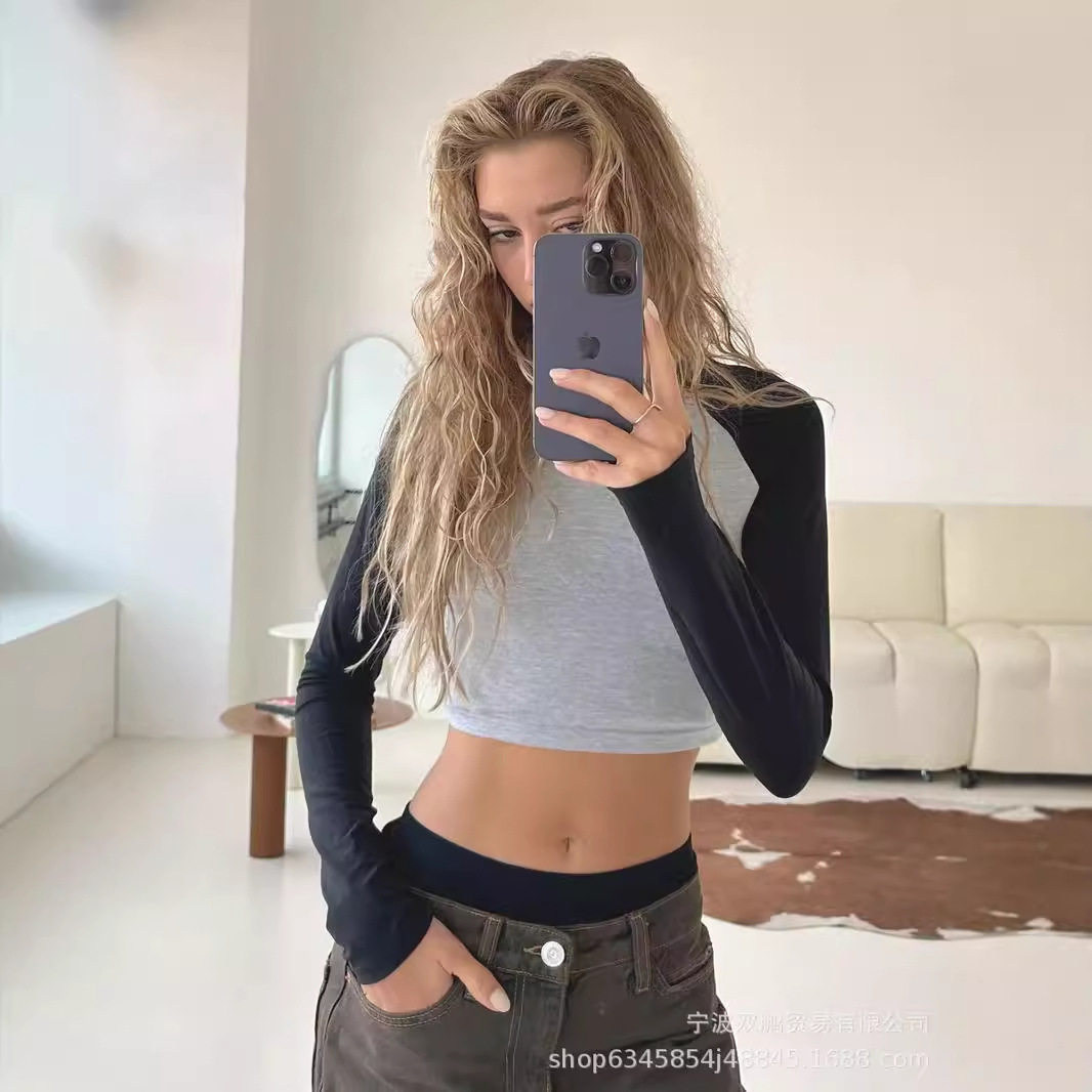 Long Sleeve Cropped T Shirt Slim Fit Color Block Raglan Sleeve Knit Fabric Casual Wear for Autumn and Winter
