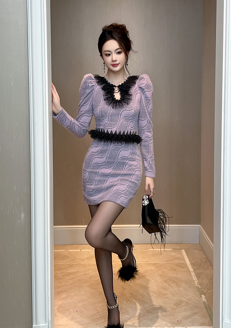 Đầm ren nữ dài tay cổ tròn thắt eo ôm body phong cách thanh lịch — Hoa tulip tím