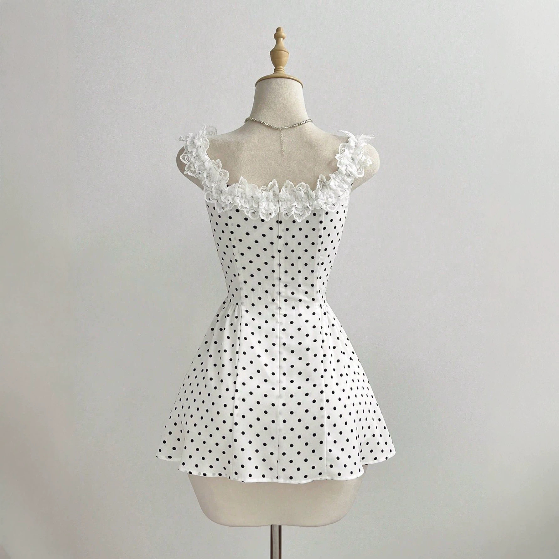 Mini A Line Dress Lace Trim Polka Dot Bow Detail Casual Wear for Women Ready to Ship fast shipping