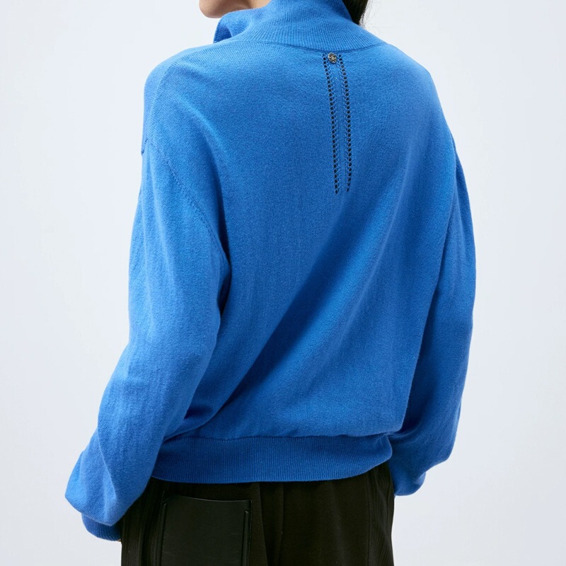 Áo cardigan nữ cổ đứng dáng rộng vai trễ có túi cài nút một hàng — Màu xanh dương