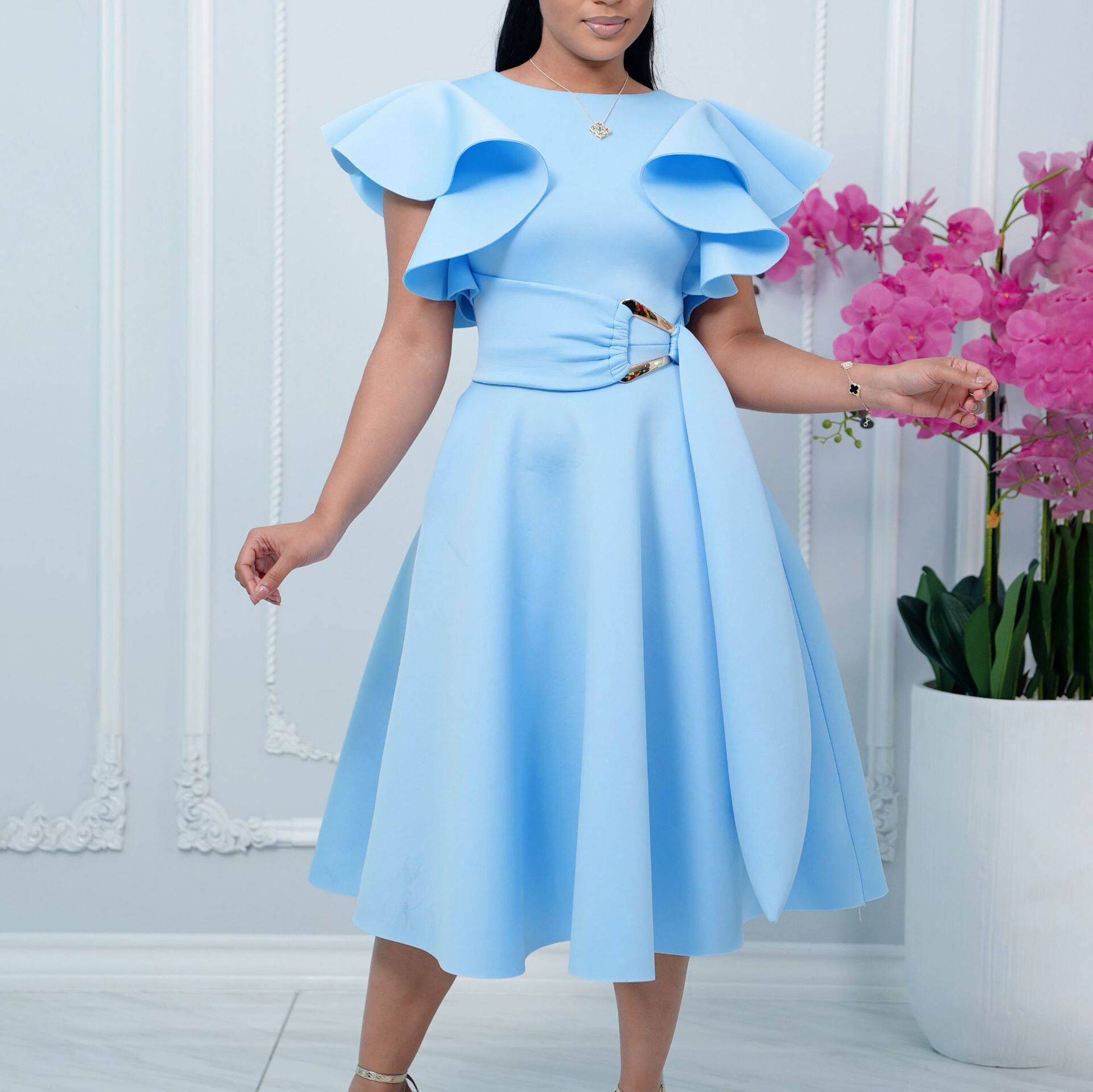 Elegant Ruffled Sleeve Waist Tie Dress Summer Fashion Perfect for Parties and Special Occasions Wholesale Available
