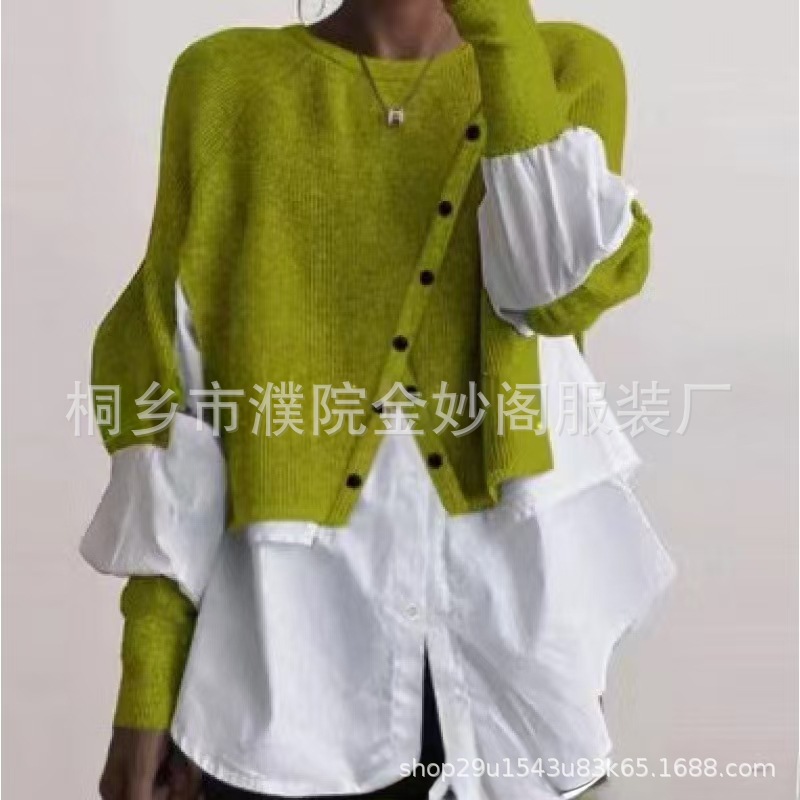 欧洲站跨境春秋新款针织毛衣亚马逊衬衫拼接假两件气质外穿女装