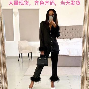 2022 Amazon independent station women's solid color suit lapel top feather trousers two-piece pajamas suit