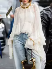 Fashionable Casual Style Women's Shirt 2026 Spring New Elegant Mesh Ruffle Design Long-Sleeve Top