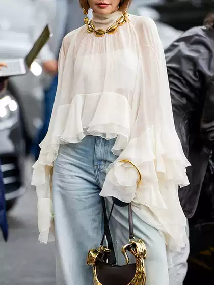 Fashionable Casual Style Women's Shirt 2026 Spring New Elegant Mesh Ruffle Design Long-Sleeve Top