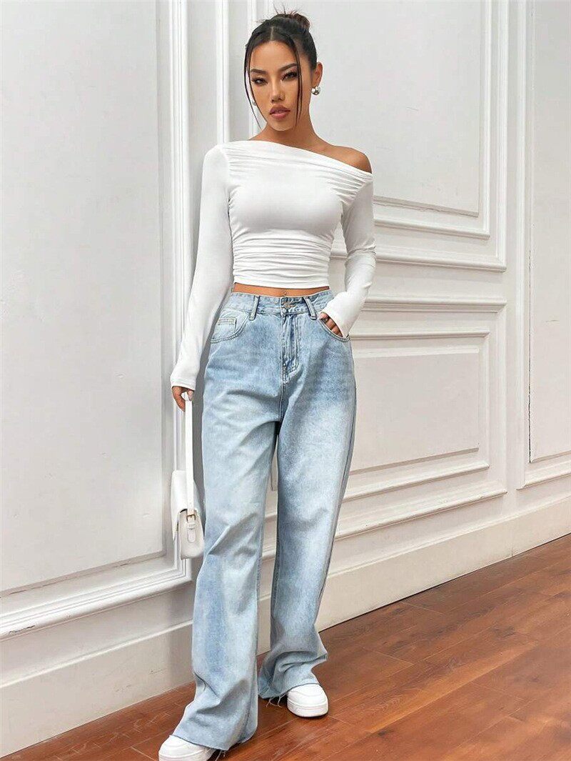 Slim Fit Asymmetrical Long Sleeve Womens T Shirt Versatile Design Pleated Detail Spring Summer Style Wholesale