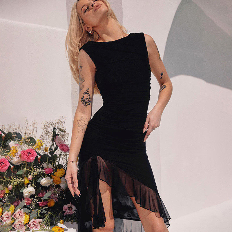 Sleeveless Backless Dress Sexy Fit and Flare Irregular Hem Mesh Paneling Perfect for Parties and Evening Events