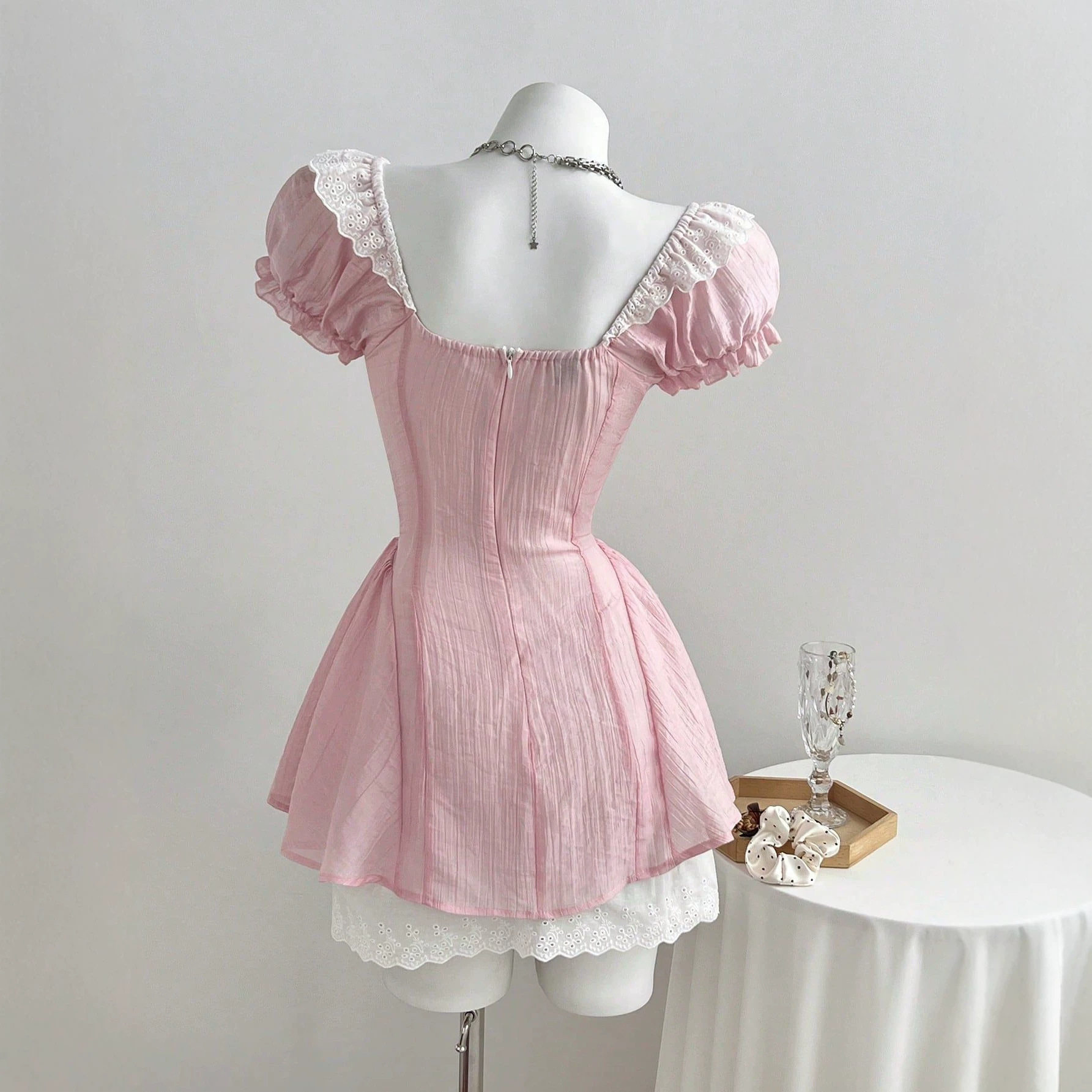 Mini Dress Color Block Puff Sleeves Bow Tie Detail Waist Cinching Casual Wear for Women Ready to Ship