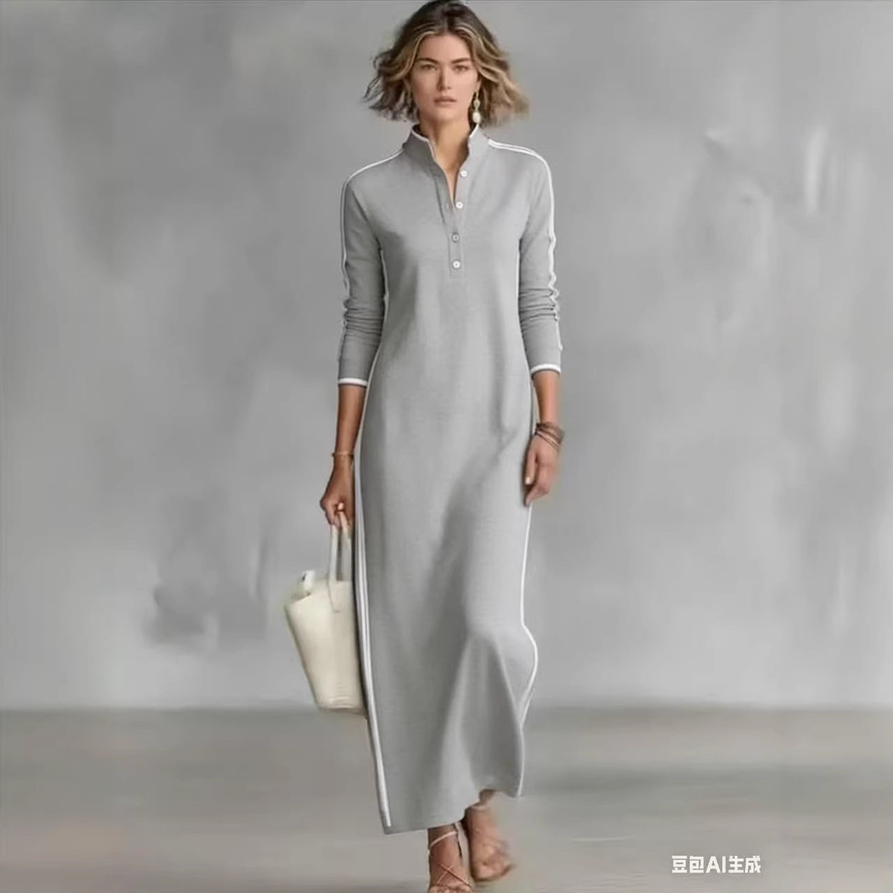 2026跨境外贸速卖通新款女士阿拉伯风格简约纽扣领长袖长款连衣裙