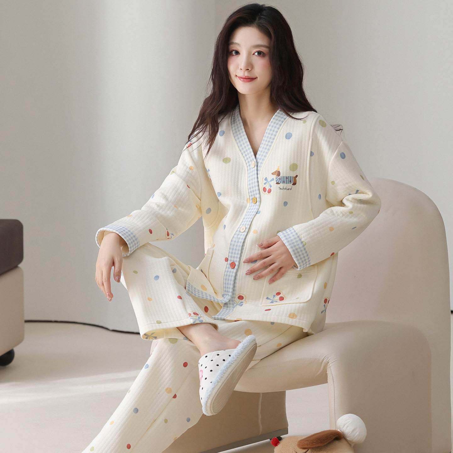 Pure Cotton Maternity Pajamas, Winter Outer Wear, Air Cotton Nursing Pajamas, Home Clothes, Confinement Clothes, Winter Maternity Breastfeeding Two-Piece Set