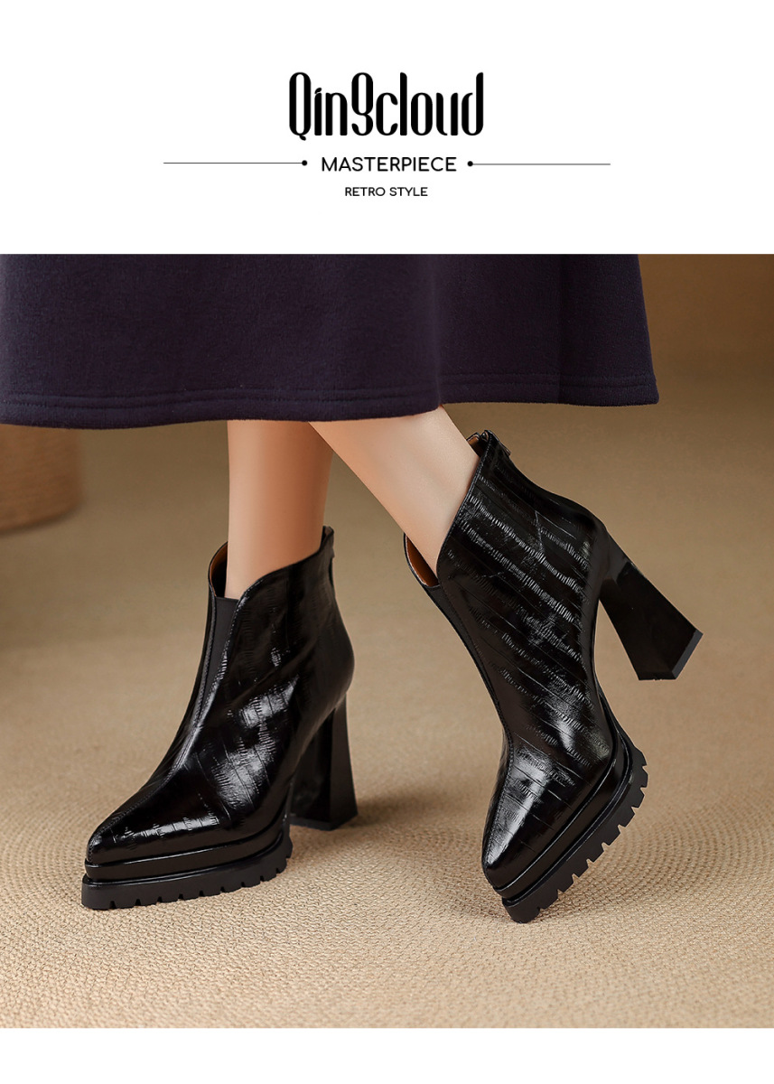 Boot nữ cổ thấp mũi nhọn gót thô đế dày da bò khoá kéo phía sau — Lớp lót đơn màu đen, Lớp lót đơn màu nâu, Lót nhung đen, Lót nhung màu nâu