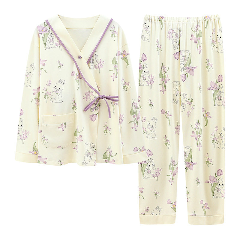 Class A Maternal and Infant Grade Monthly Clothing with Chest Pad Spring and Autumn Postpartum Lactation Pregnant Women's Pajamas Summer Thin Pure Cotton suit