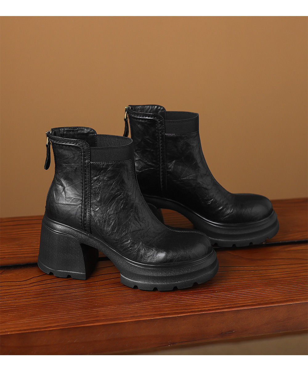 Boot Martin nữ đế dày gót thô 8cm khóa kéo sau dáng ôm chân — Lớp lót đơn màu đen, Lớp lót đơn màu nâu, Lót nhung đen, Lót nhung màu nâu