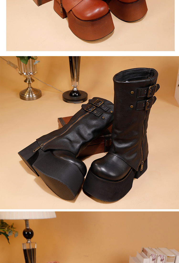Boot nữ cổ cao da bò thật đế dày gót nêm khóa kéo bên — màu đen, màu nâu