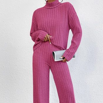 Cross-border European and American 2023 autumn and winter casual turtleneck knitted long sleeve suit women's foreign trade sweater loose trousers two-piece set