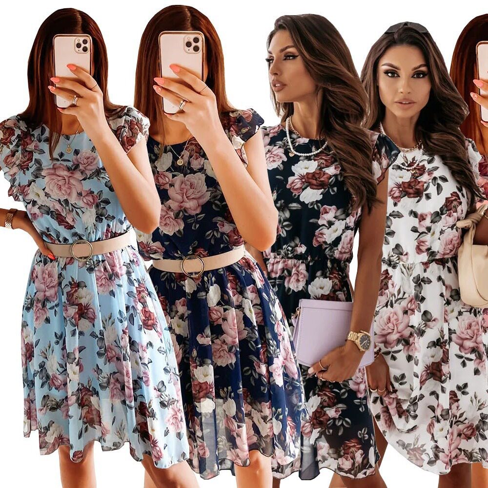 Summer Vacation Ruffle Sleeve Chiffon Dress Floral Print Lightweight Elegant Perfect for Beach or Party Wholesale