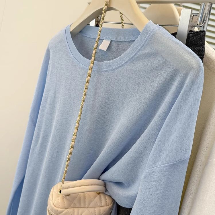 Lightweight Blue Ice Silk Knit Long Sleeve Sun Protection Top Loose Fit Slimming Design Summer Essential Wholesale