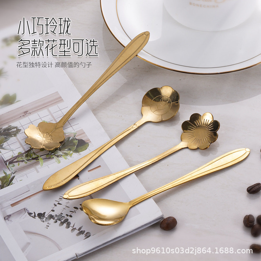 Spoon Stainless Steel High Color Value Cherry Blossom Spoon Coffee Mixing Spoon Golden Long Handle Ice Spoon Dessert Spoon Accompanying Gift Spoon