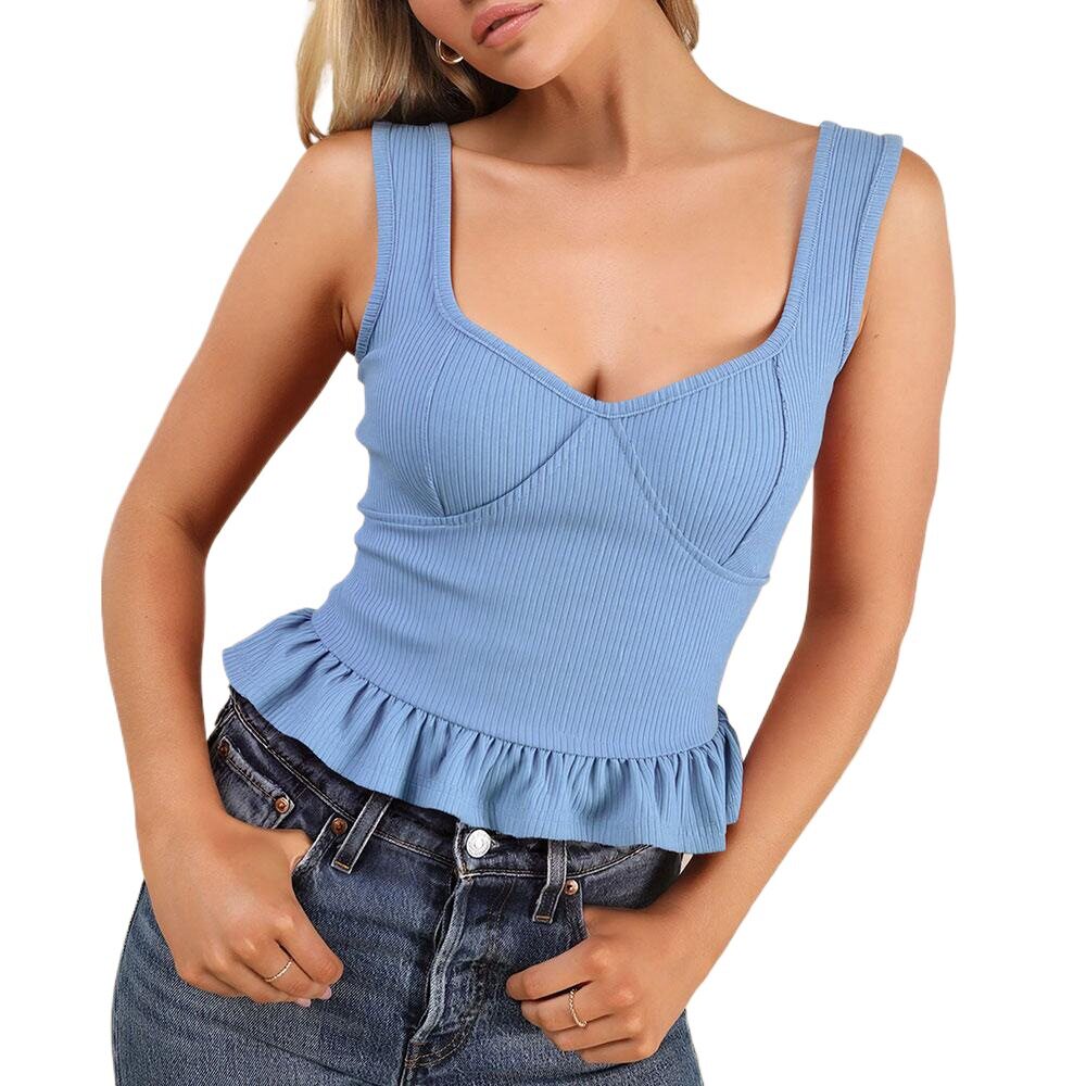 Womens Summer Sleeveless Top Solid Color Ruffled Shoulder Straps Square Neck Asymmetrical Design Casual Wear OEM