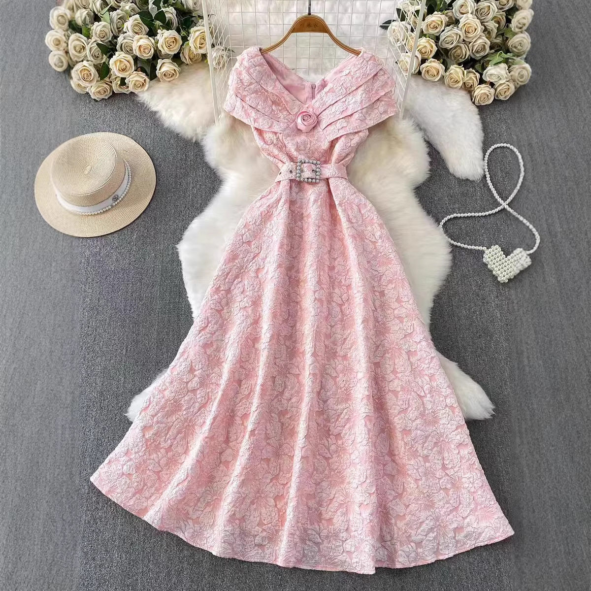 French Style Blue Floral Maxi Dress for Women Summer High Waist Puff Sleeves A Line Silhouette Elegant Casual Wear