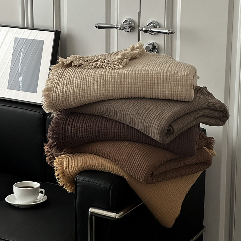 Maillard Color Four-Layer Yarn Pure Cotton Blanket Tassel Blanket Sofa Cover Blanket Office Blanket Nap Blanket