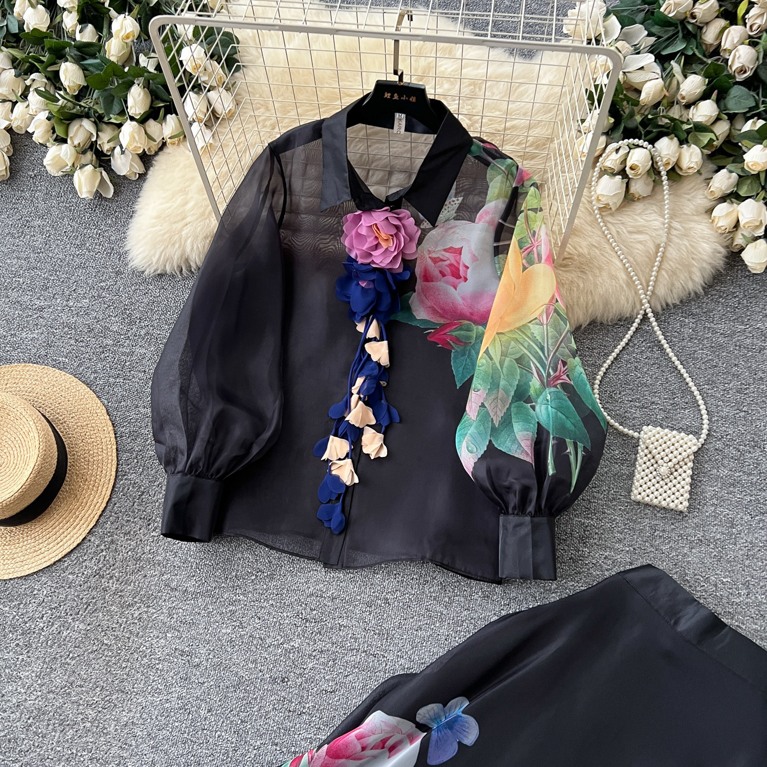 French Romantic Floral Two Piece Set Lantern Sleeve Mesh Top Waist Defined Midi Skirt Autumn Office Wear Wholesale