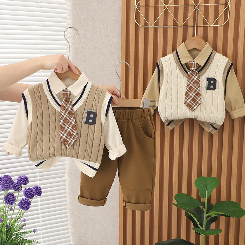 boys' spring and autumn clothing suit tie sweater three-piece set