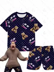 Rumi Same Style Pajamas Set Kpop Hunter Girl Group Cute Cosplay Bear and Toot Train Short-Sleeved Shorts