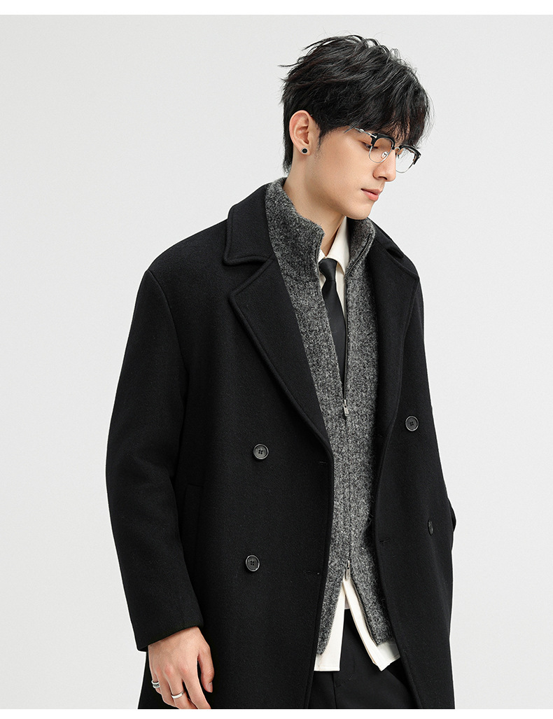 Áo khoác dạ len cashmere nam dáng dài hai hàng khuy mùa đông — Màu Xám (không bao gồm áo vest), Cà phê đậm (không bao gồm áo vest), Cà phê đậm (có áo VEST), Màu đen (có áo VEST)