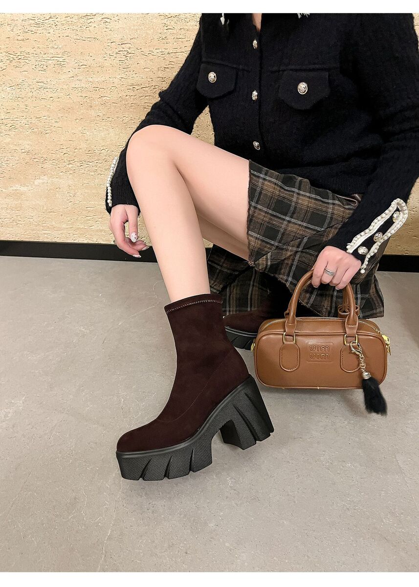 Boot nữ cổ thấp gót thô đế dày tăng chiều cao, chất liệu nhung mềm — Lớp lót đơn màu đen, Lớp lót đơn màu nâu, Lót nhung đen, Lót nhung màu nâu