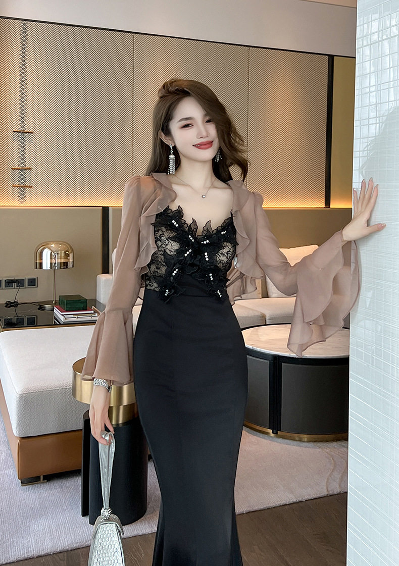 Đầm ôm body nữ dáng dài cổ V không tay, phong cách Pháp gợi cảm — [Màu đen] chi tiết 8
