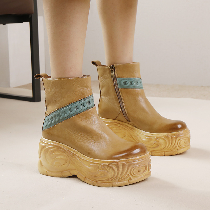 Boot nữ da bò cổ thấp gót cao khóa kéo bên — Màu kaki, Màu xám