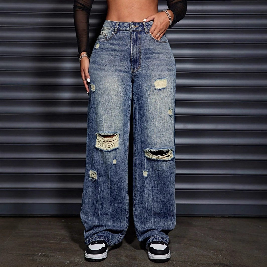 Womens Casual Loose Straight Leg Ripped Denim Jeans Comfortable Fit Stylish Design Versatile for Everyday Wear