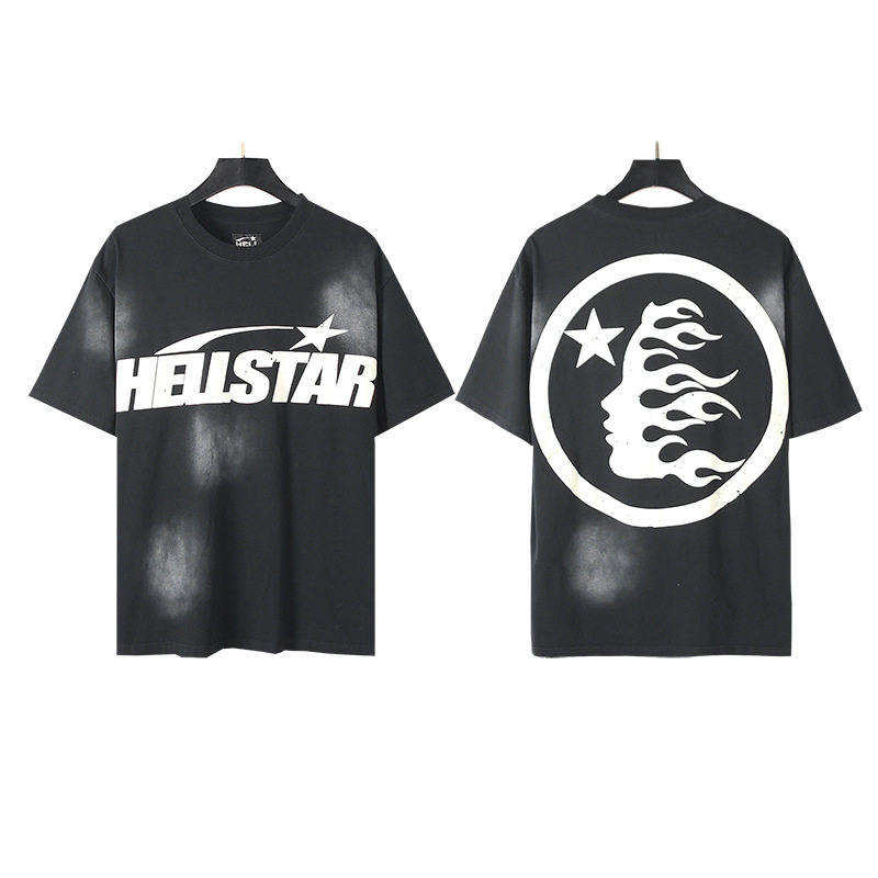American high street washed old retro hell star letter head print pure cotton loose round neck short sleeve T-shirt