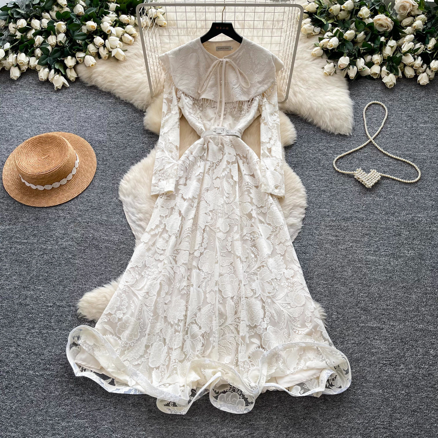 French Court Style Lace Long Sleeve Dress High Waist Tie Waist A Line Silhouette Elegant for Autumn Wholesale