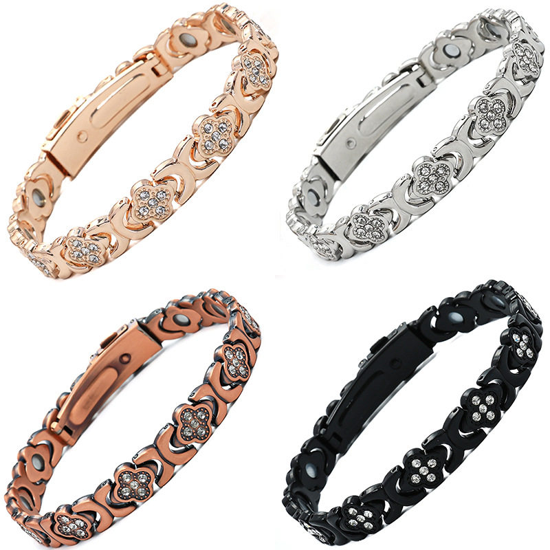 European and American Cross-Border Popular Magnetic Bracelet, Fashionable Light Luxury Clover Alloy Inlaid with Diamonds, Single-Row Magnetic Bracelet for Women