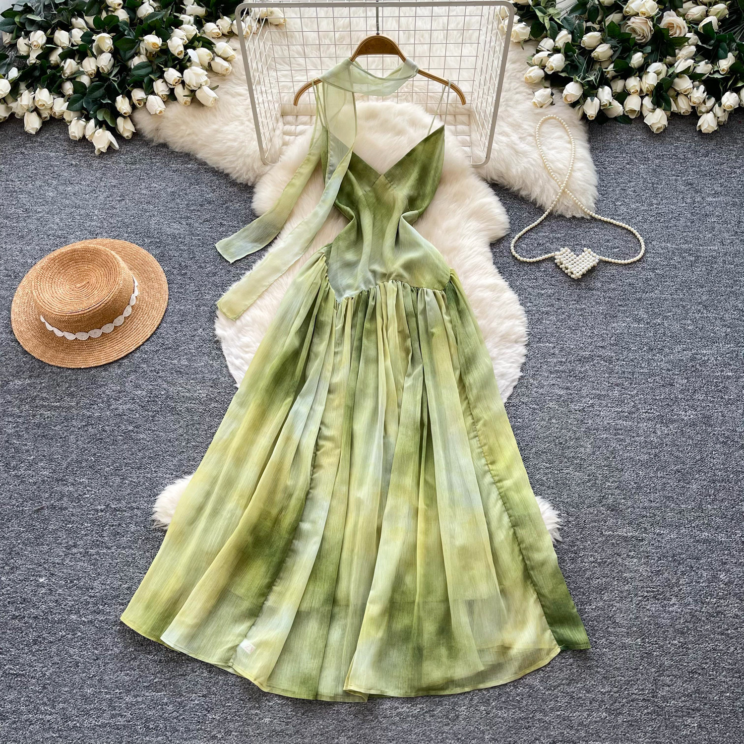 French Vacation Style Green Tie Dye Maxi Dress for Women V Neck Sleeveless A Line Waist Defined Summer Casual Wear