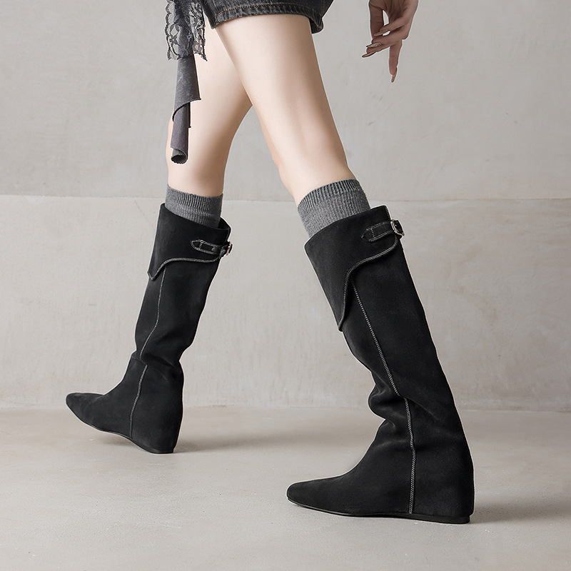 Boot nữ cổ cao da lộn mũi vuông đế xuồng tôn chiều cao — Màu nâu, xanh xám