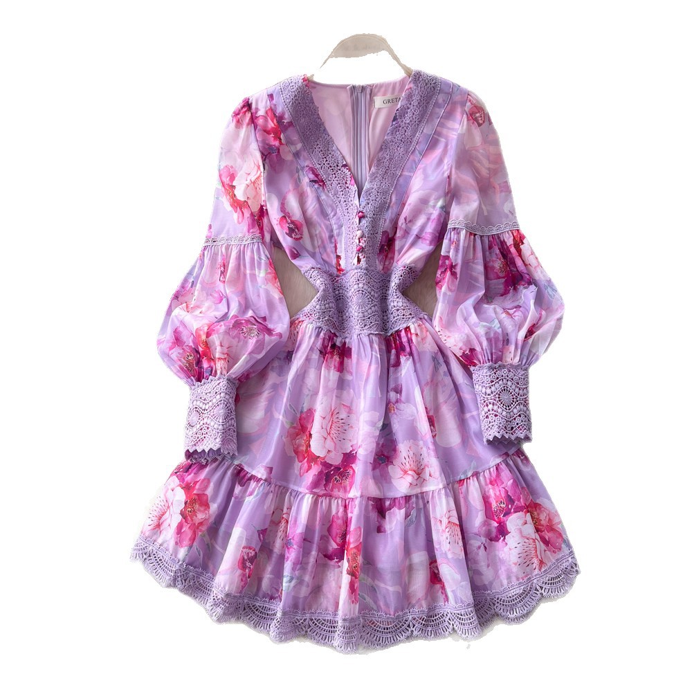 Floral Print Long Sleeve V Neck Dress Slim Fit Waist Defining Elegant A Line Perfect for Formal Events Wholesale