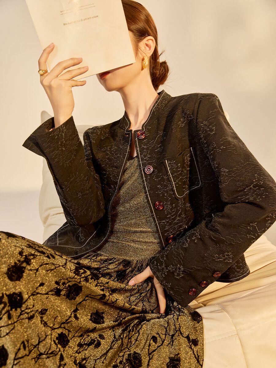 Áo khoác ngắn dệt jacquard họa tiết hoa cổ tròn tay dài phong cách retro — Lan Dạ Hắc (giao hàng 7 ngày)