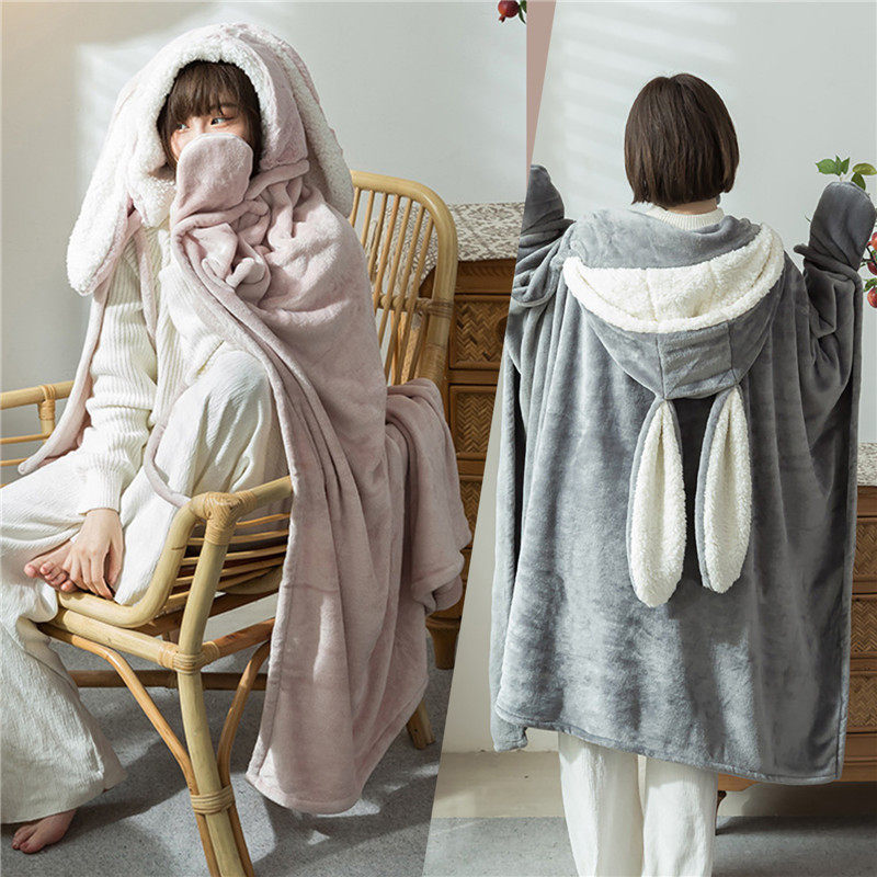 Amazon Shawl Blanket Wearable Cloak Blanket with Hooded Cute Rabbit Ear Bed Blanket Winter Adult Warm Blanket