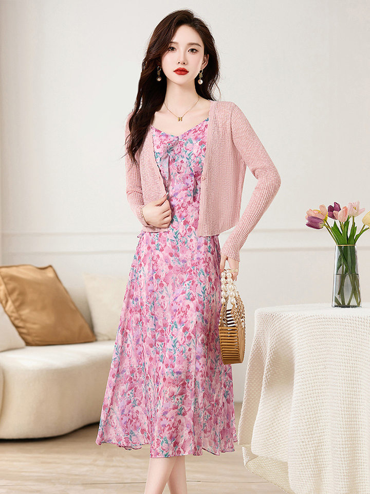 Set Áo Khoác Cardigan Dệt Kim Và Đầm Hai Dây Xòe Họa Tiết Hoa Phong Cách Thanh Lịch Màu Hồng, Xanh